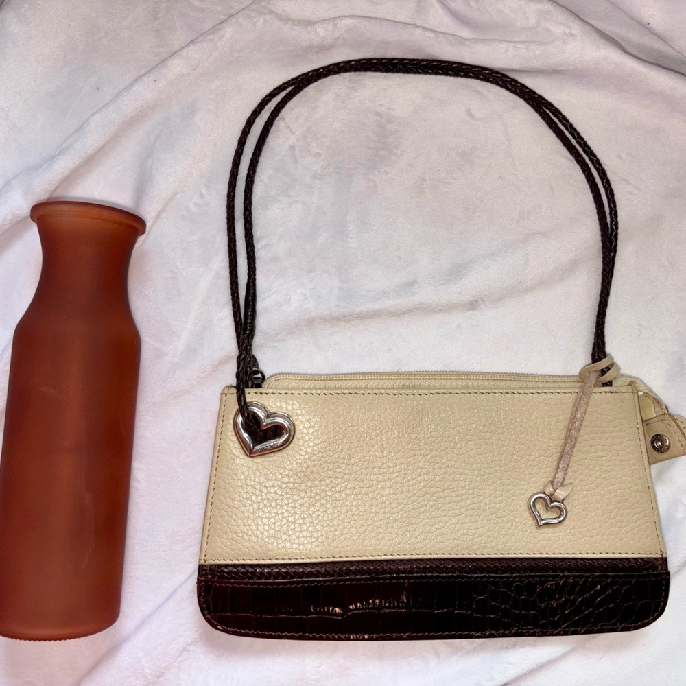 Brighton Cream and Brown Alligator Mini Bag with Heart Charm and Zip Closure